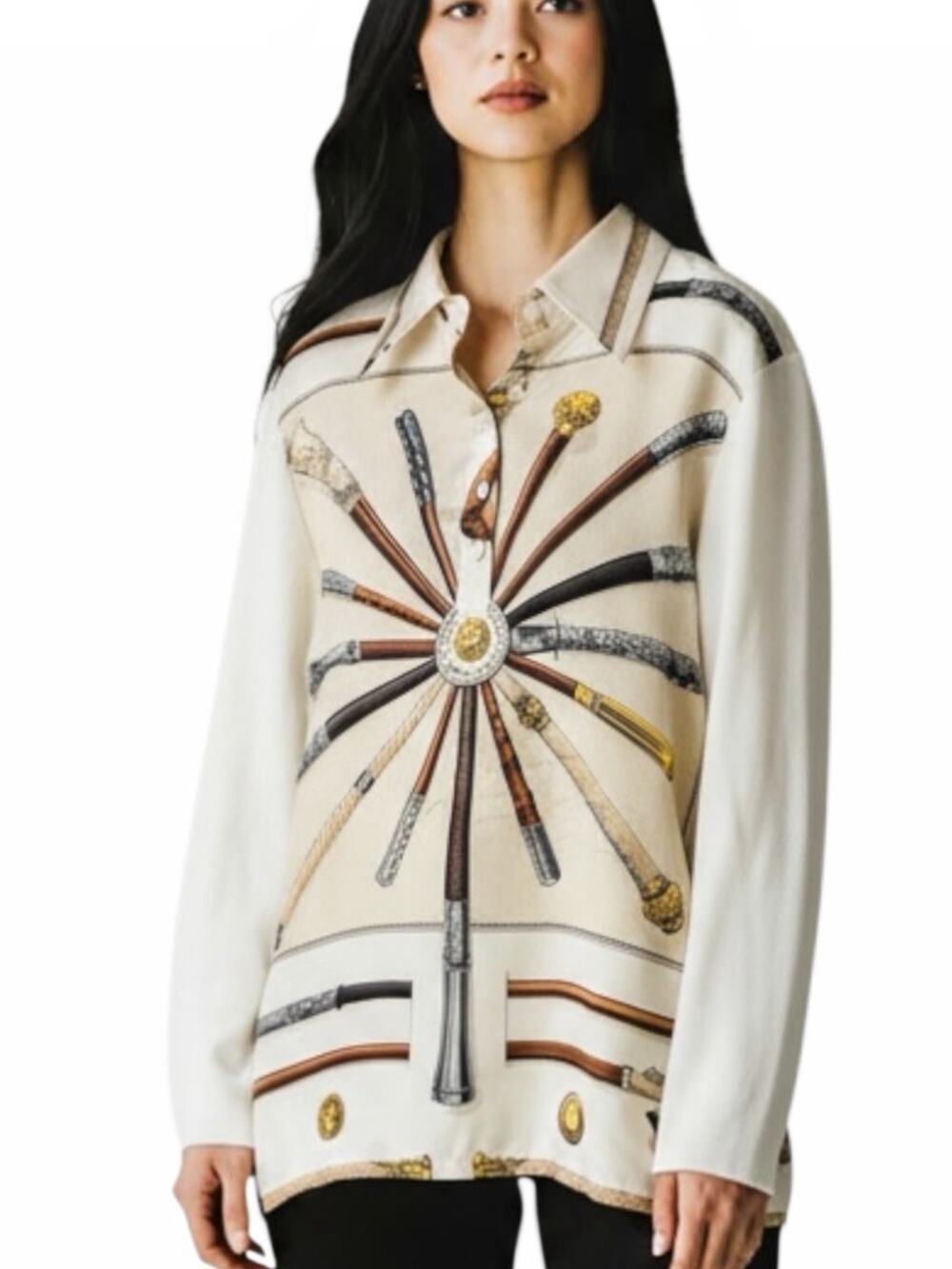 Hermes Cannes Pommeaux Silk Long Sleeve Printed Polo Shirt Size S